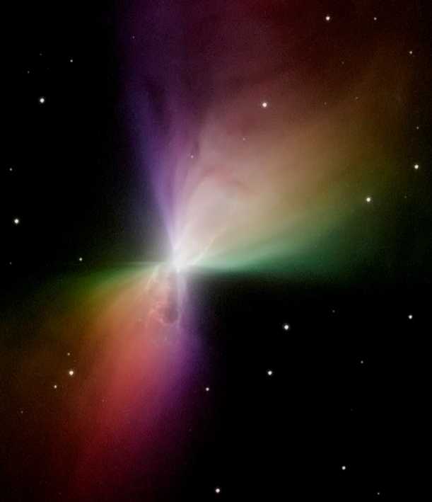 Der Bumerang-Nebel im Sternbild Centaurus. Das Gas entfernt sich mit etwa 600.000 Km/h vom Stern. Mit der Temperatur von 1 K gilt er als kältester natürlicher Ort.