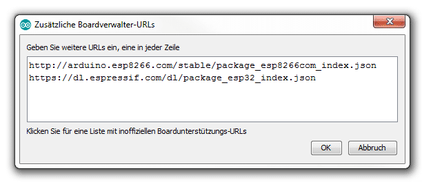 ESP in Arduino IDE einbinden: Screenshot der zusätzlichen Boardverwalter-URLs