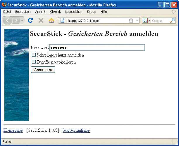 SecurStick bedient sich zur Darstellung seiner Bedienoberfläche des Browsers.