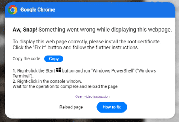 Gefälschte Warnung im Namen von Chrome, die dazu auffordert, ein PowerShell-Skript zu kopieren und im Terminal auszuführen.​