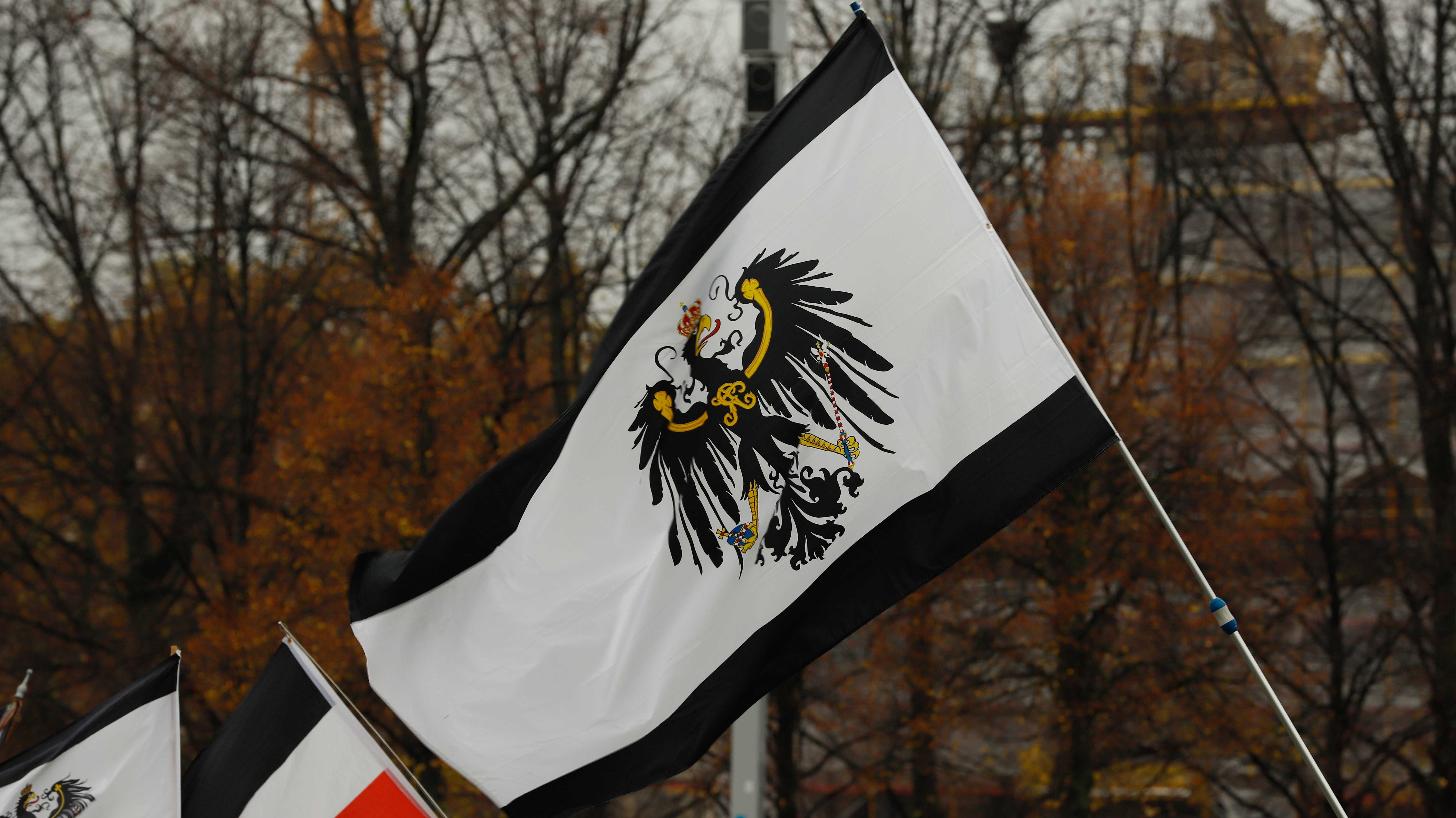 Fahne der sogenannten Reichsbürger, Reichsadler auf weißem Grund