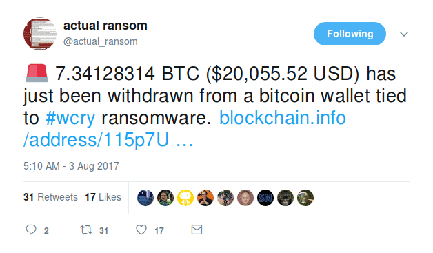 Die erste Überweisung aus einer mit WannaCry-verknüften Bitcoin-Adresse