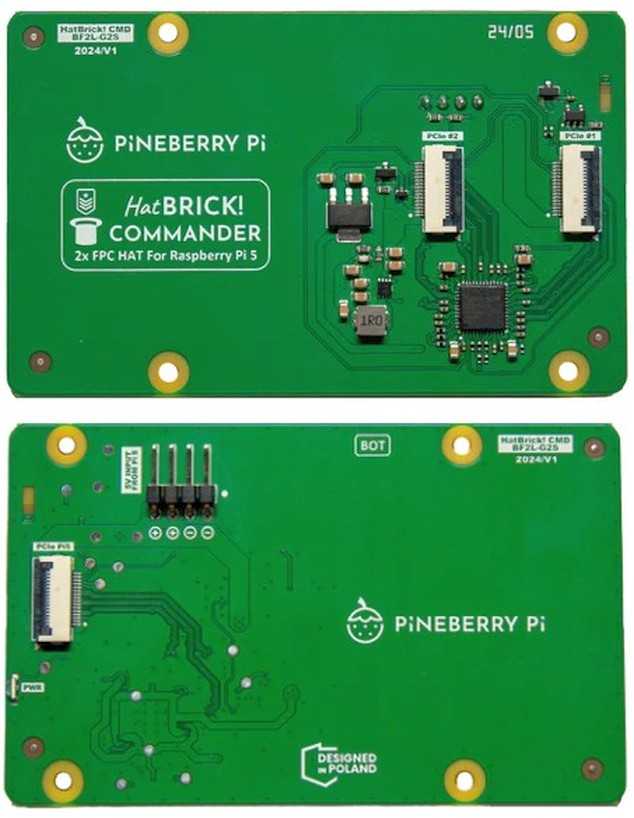 Der Adapter Pineberry Pi HatBRICK! Commander teilt den PCIe-2.0-x1-Port des Raspi 5 auf zwei Ports auf.​