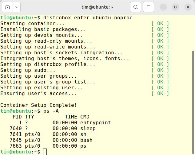 Containers created with --unshare-process do not see the processes of the host system, 
