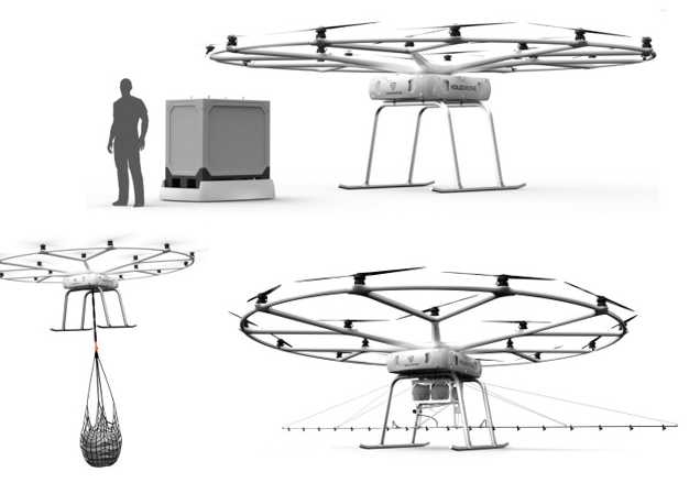 Die Drone soll Lasten auf Paletten oder in Netzen transportieren können oder auch Felder besprühen.