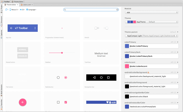 Zumindest für die Farben des App-Themes bringt Googles Entwicklungsumgebung ein visuelles Werkzeug mit.