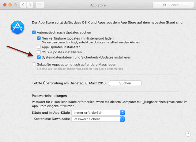 Damit OS X aktuelle Schadsoftware-Signaturen nachlädt, müssen Sicherheits-Updates in den App-Store-Einstellungen aktiviert sein.