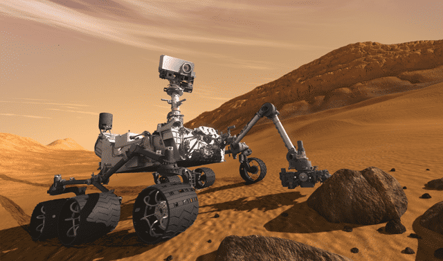 2012: Auch Curiosity wird mit dem Greifarm Bodenproben entnehmen (Illustration).