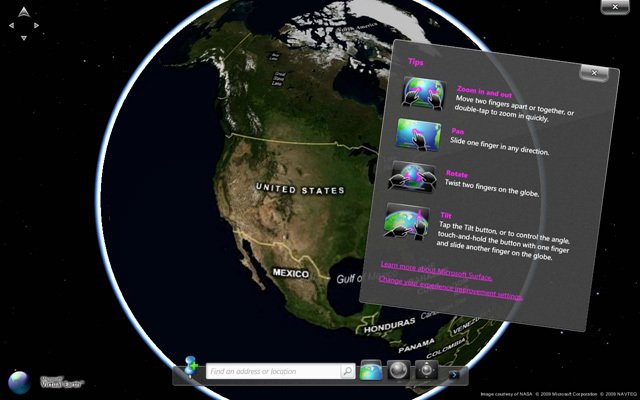 Das Tool Surface Globe ermöglicht mit Hilfe der Virtual Earth 3D Engine ein Navigieren durch einen 3D-Atlas mit Gesten.