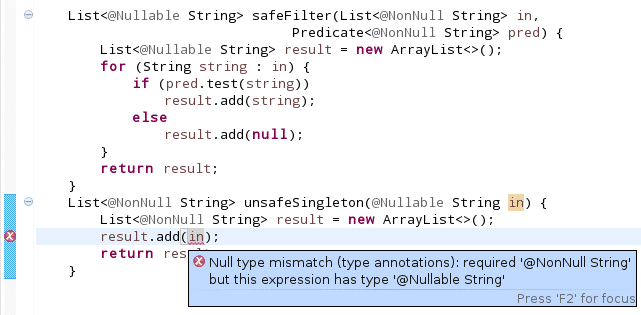 Verwendung von Null-Typannotationen am Bespiel von Generics. Oben die sichere Verwendung von Typen mit und ohne &quot;null&quot;. Unten: Der Compiler meldet einen Fehler, der sonst später bei der   Verwendung der Ergebnisliste zu NullPointerException führen könnte.