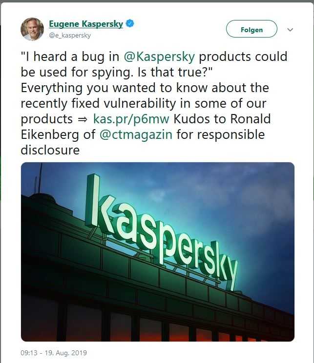Eugene Kaspersky bedankt sich per Twitter