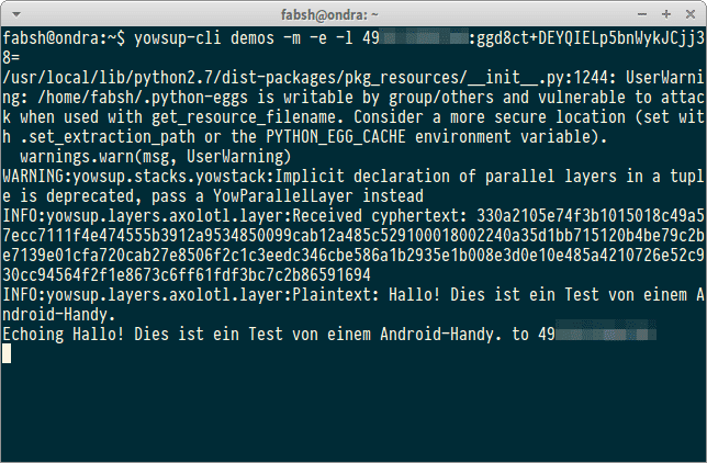 Hier zeigt der Echo Client von yowsup die verschlüsselt eingehende Nachricht sowie den Klartext nach der Entschlüsselung durch die Axolotl-Bibliothek.