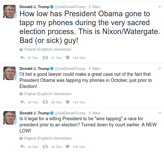 Donald J. Trump feuerte via Twitter mehrfach gegen die Obama-Regierung.