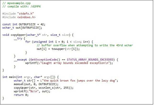 Der Beispielcode führt zu einem Pufferüberlauf, den die MPX-Erweiterung erkennt