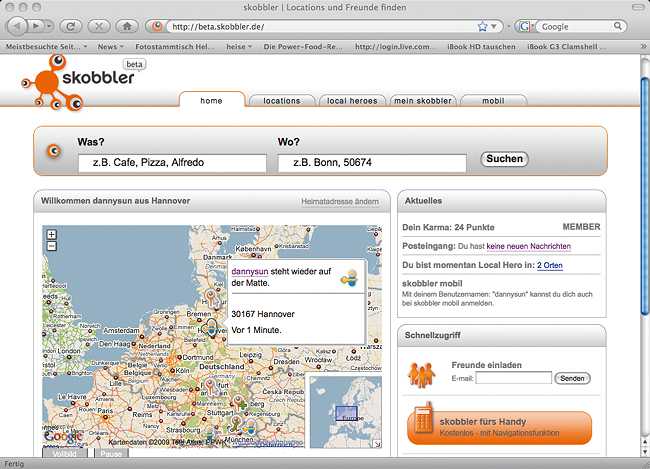In der Hauptansicht zeigt das Internet-Portal Skobbler auf einer Google-Maps-Karte eingeloggte Nutzer und POI-Tipps an.