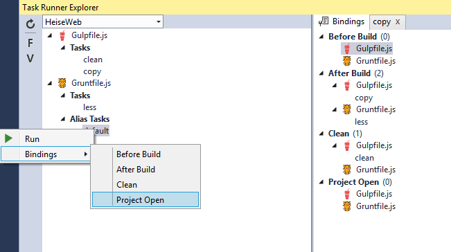In Gulp und Grunt definierte Aufgaben kann man im Task Runner Explorer vier Ereignissen in Visual Studio per &quot;Binding&quot; zuweisen (Abb. 7).