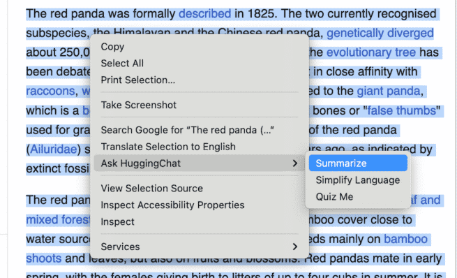 Funzionalità AI di Chatobot nel menu contestuale di Firefox
