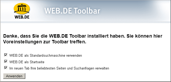 Toolbar, Installationsmeldung