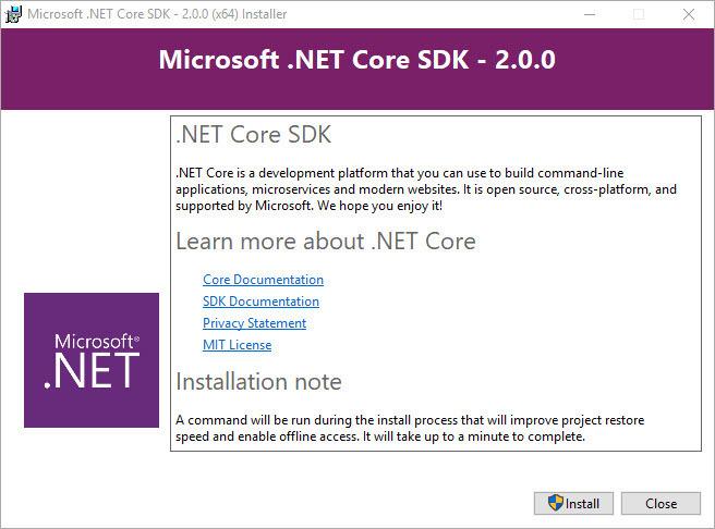 Installation des .NET Core 2.0 SDK