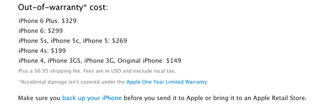 iPhone-Reparaturpreise auf Apple.com.