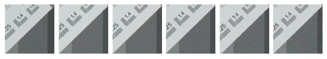 Der Vergleich eines kleinen Details zeigt die Zunahme des Rauschens. Von links nach rechts: ISO 100, ISO 400, ISO 800, ISO 1600, ISO 3200, ISO 6400.