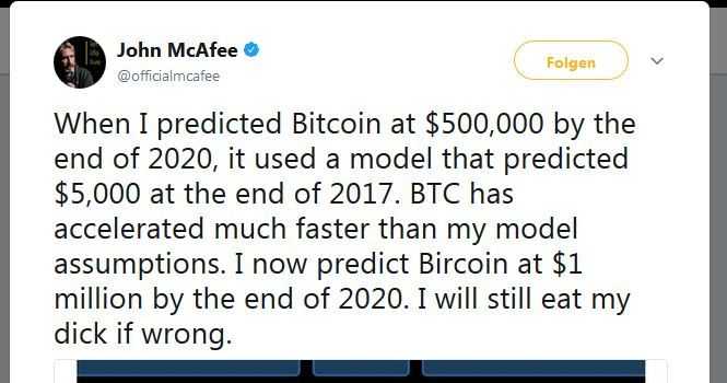John Mcafee verspricht, seinen Penis zu verspeisen, sollte der Bitcoin nicht bis 2020 eine Million US-Dollar wert sein.