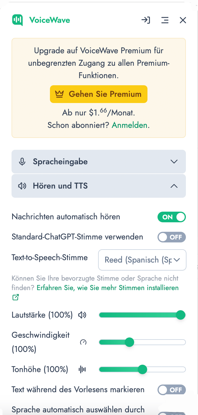 Bei der Google-Chrome-Erweiterung muss man für die Ein- und Ausgabe die Lernsprache einstellen, da ChatGPT sonst keine verwertbaren Daten erhält beziehungsweise ungefähr so klingt, als wenn im Auto ein auf Deutsch eingestelltes Navi fremdsprachige Straßennamen ausspricht.