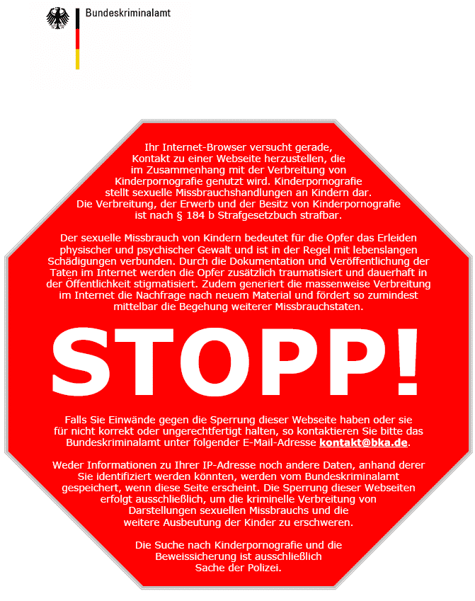 Entwurf einer Stopp-Seite für die Kinderporno-Sperren