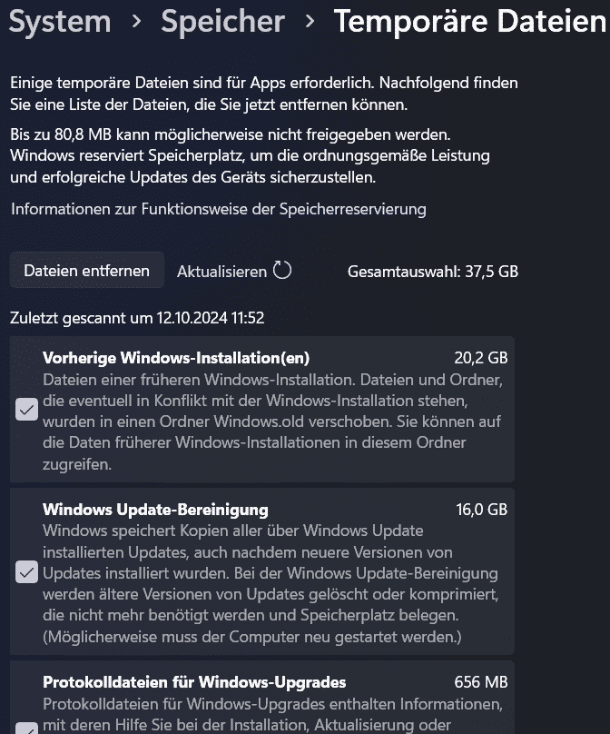 Windows-Funktion zum Löschen temporärer Daten