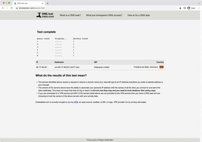 Die Ergebnisse des DNS-Leaktests von CyberGhost