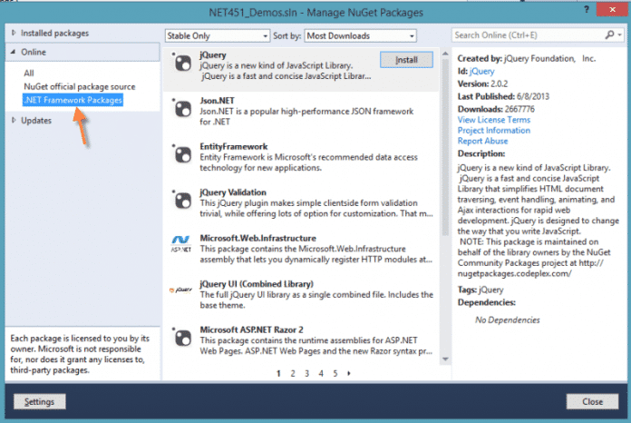 Ein neuer Ast &quot;.NET Framework Packages&quot; im Paket-Manager in Visual Studio 2013 (Abb. 3)