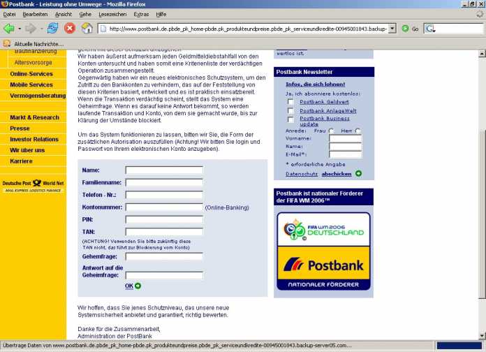 Webseite des Postbank-Phishings