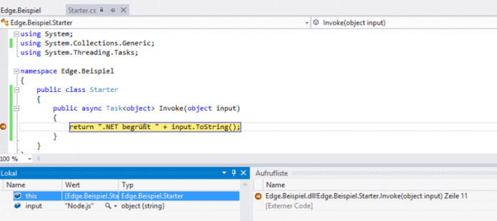 Debugging des von Node.js aufgerufenen .NET-Codes innerhalb von Visual Studio (Abb. 5)