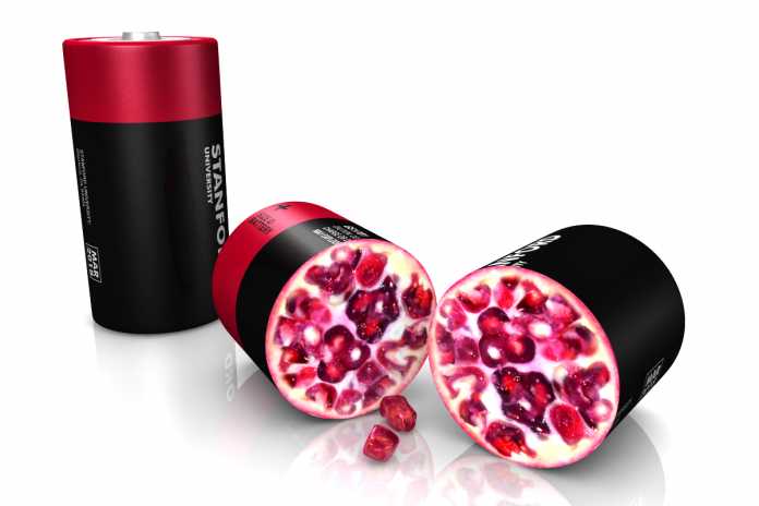Künstlerisch illustriert: Umhüllte Silizium-Nanopartikel sitzen  in der Batterie wie Granatapfelkerne in der Frucht.