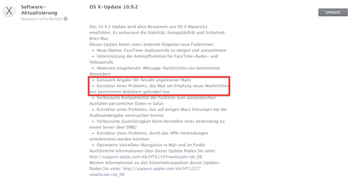 Immerhin zwei Mail-Fehlerbehebungen nennt Apple in den Release Notes von OS X 10.9.2.