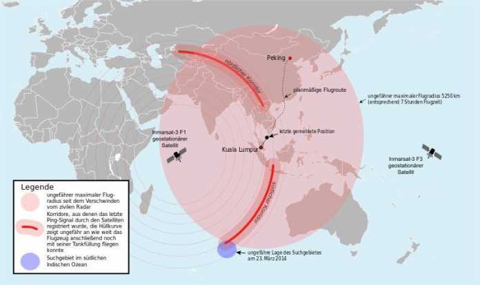 Aufgrund des Treibstoffvorrats (rote Fläche) und der vom Satelliten empfangenen Pings (rote Linien) theoretisch mögliches Gebiet, in dem sich MH370 befinden könnte (Stand: 21. März 2014). Das letzte durch einen Satelliten stündlich empfangene Signal um 08:11 Uhr MYT (00:11 Uhr UTC) am 8. März 2014 kam aus einem der beiden sichelförmigen &quot;Korridore&quot; entlang der beiden roten Linien.