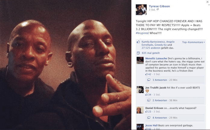 Mittlerweiler entfernter Facebook-Eintrag von Tyrese Gibson, der die Beats-Übernahme bestätigt haben könnte.