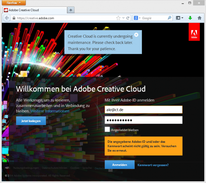 Außer Betrieb: Adobe-Kunden können derzeit nicht auf die Creative Cloud zugreifen.