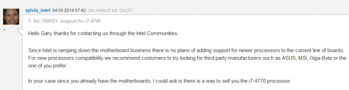 Screenshot aus Intels &quot;Support Community&quot;-Forum: Leider kein BIOS-Support für Haswell Refresh.