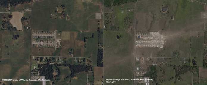 Skybox-Aufnahme von Vilonia in Arkansas im Jahr 2013 (links) und am 1. Mai 2014 nach einem Tornado (rechts)