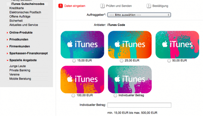 iTunes-Gutscheincodes finden sich im Online-Banking der Sparkasse