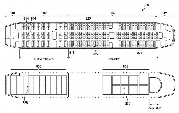 Sitzplan und Frachtraumschema eines Großraumflugzeugs