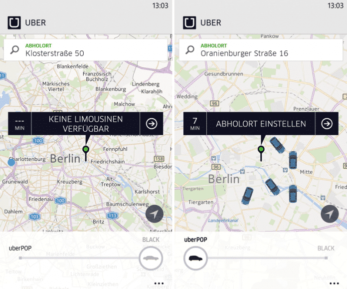 UberBlack (Limousinen-Service) und UberPop (privater Mitfahr-Dienst) in der App von Uber