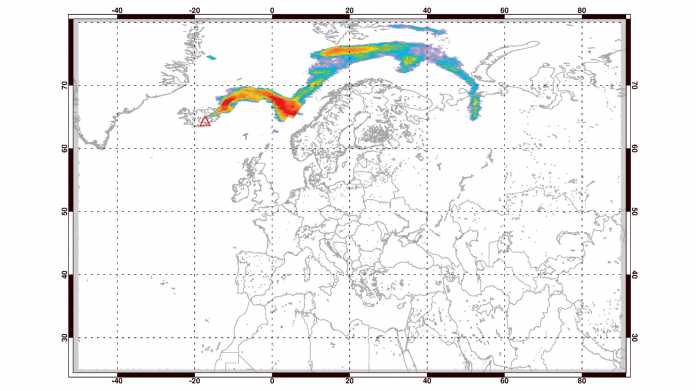 Die Schwefeldioxid-Wolke des Vulkans Bárðarbunga auf Island erreichte am 12. September 2014 Norwegen und Russland.
