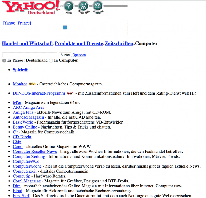 Wer 1997 nach Informationen im WWW suchte, kam nur schwer an Yahoos Verzeichnisdienst vorbei.