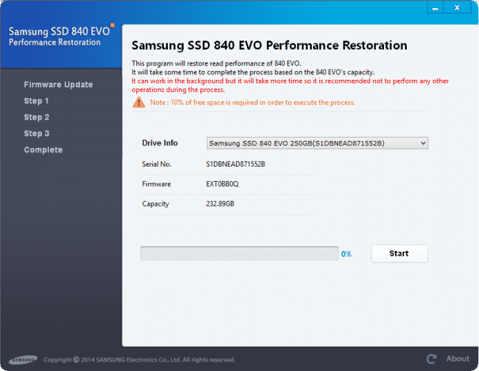 Die Performance-Restauration-Software von Samsung warnt, dass der Update-Prozess einige Zeit in Anspruch nehmen wird.