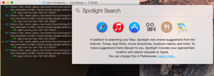 Spotlight scheint schon beim Öffnen Ortsdaten zu erfassen, wie die Nutzung eines SSL-Proxys zeigt.