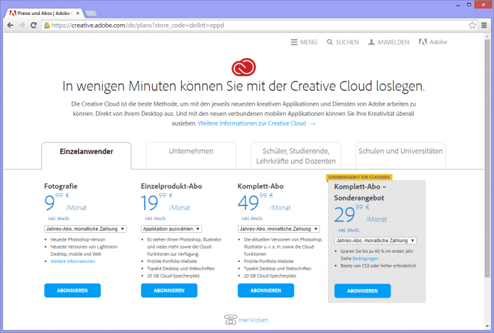 Preis-Roulette: Beim Aufruf in Chrome kostete die Creative Cloud 49,99 Euro im Monat.