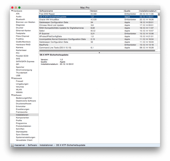 Gewusst wo: In einem von Apples zahlreichen Systemprotokollen steht auch, was wann installiert worden ist. Das NTP-Update kam auf diesem Test-Mac noch vor Morgengrauen an.