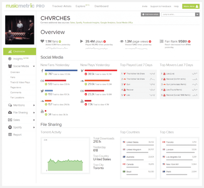 Das Analyse-Dashboard von Musicmetric zeigt unter anderem Social-Media- und File-Sharing-Aktivitäten